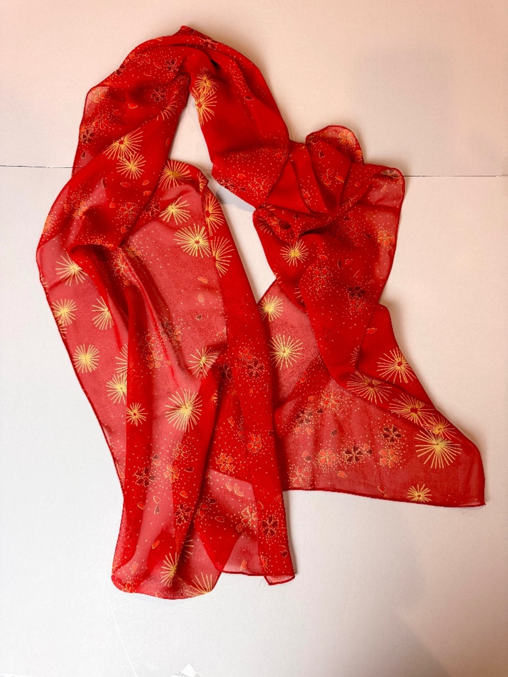 HARARI 100% Silk Chiffon Scarf Red Burst Floral Print Made in USA